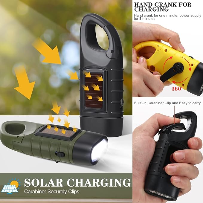 Leelosp 9 Pieces Hand Crank Flashlight Solar Powered Flashlight for Emergencies Dynamo Rechargeable LED Survival Light for Outdoor Sports Hiking Camping(Black,Green,Yellow)