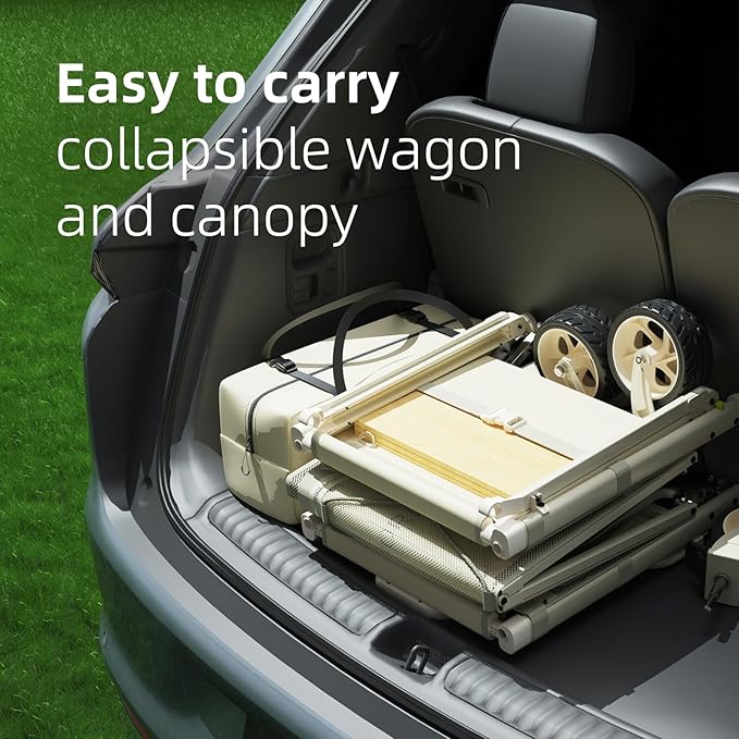 ONEFOREST Collapsible Wagon Cart with Canopy Tent, Portable Large Capacity Foldable Wagon Cart, Heavy Duty Garden Cart with Wheels for Camping Sports Beach Backyard and Picnics, Beige