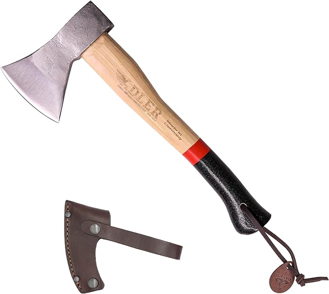 The Rheinland, 14", German Forged, All-Purpose Wilderness Camping Hatchet, Kindling Splitting & Branch Limbing, Anti-Slip Wood Handle (Red Stripe)