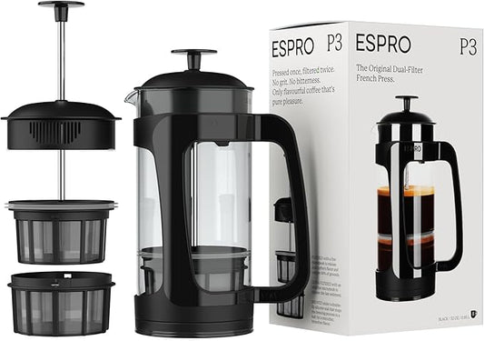 ESPRO - P3 French Press Coffee Maker – Patented Double Microfilter for Sludge and Grit Free Coffee, Black, 32 oz