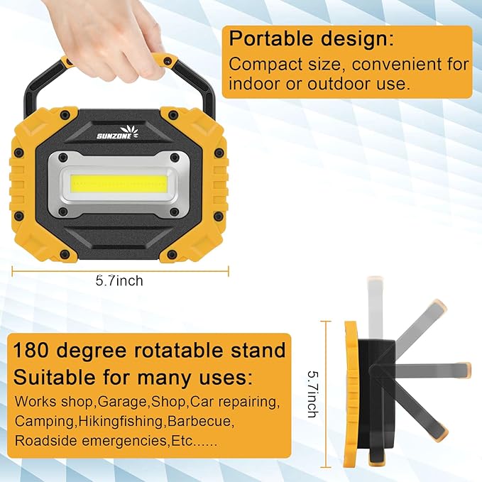 Sunzone LED Work Light, Rechargeable Magnetic Flood Lights with Stand, Waterproof Portable Job Site Lighting for Camping, Fishing, Hiking, Car Inspection with Emergency Mode (2 Pack)