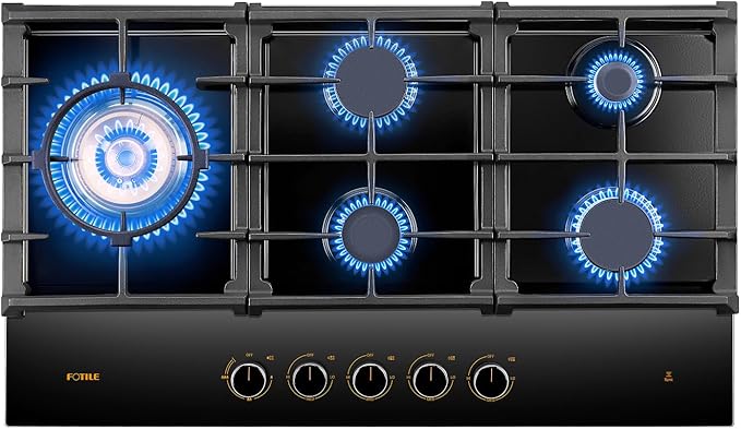 FOTILE GLG36501 36” Black Tempered Glass 5-Burner Gas Cooktop, Tri-Ring 18,000 BTUs Left Burner with Flame Failure Protection Removable Grates and Installation/LP Kit