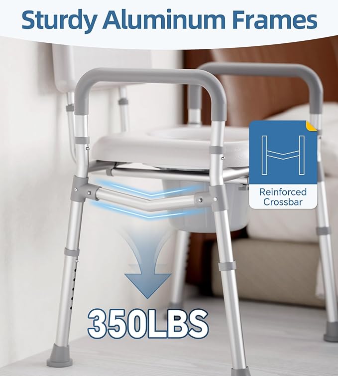 Bedside Commode with Padded Seat and Backrest, Aluminum Commode Toilet with Bucket, Easy Cleaning Portable Toilet for Adults and Seniors, 350 lb Capacity Enhanced Crossbar