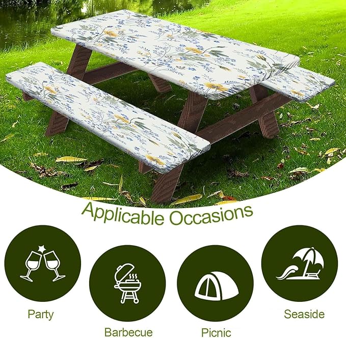 CAPSCEOLL Elastic Picnic Table Cover with Bench Covers 5Ft Waterproof Fitted Picnic Table Cover Cloths for Outdoors Camping Tablecloth with Drawstring Bag, 60X30in, Blue Yellow Flowers