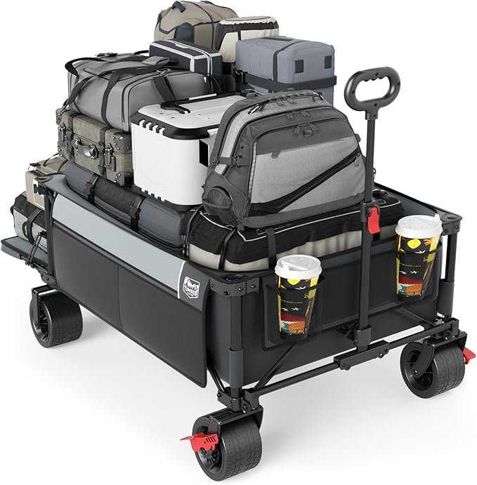 TIMBER RIDGE 600L Beast Wagon 26" W Extra Wide All Terrain Folding w/Big Wheels, Cargo Net & Tailgate, 26" W and 55" L, Capacity and 400lbs Heavy Duty Collapsible Portable Cart, Grey