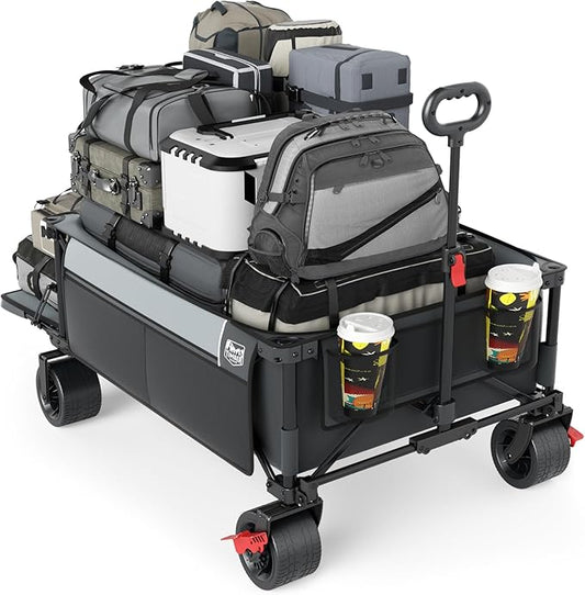TIMBER RIDGE 600L Beast Wagon 26" W Extra Wide All Terrain Folding w/Big Wheels, Cargo Net & Tailgate, 26" W and 55" L, Capacity and 400lbs Heavy Duty Collapsible Portable Cart, Grey