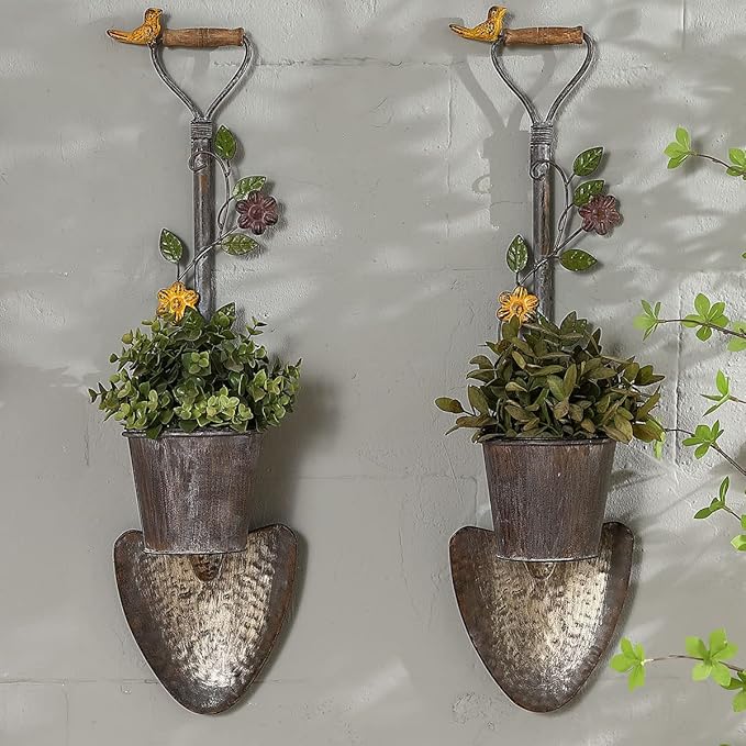 2Pcs Wall Mounted Planter Farmhouse Outdoor Wall Decor-Rustic Garden Shovel Tool Planters
