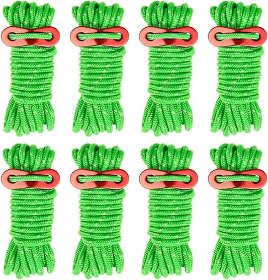 8 Pack 4mm Guy Lines Ultralight Tent Cords with Aluminum Adjuster Tensioner Outdoor Camping Guylines Ropes for Tent Tarp,Climbing,Hiking Backpacking (Green)