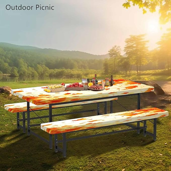 CAPSCEOLL Fitted Picnic Table Cover with Bench Covers with Elastic 6Ft Waterproof Camping Picnic Table Cover Cloths for Outdoors Camping Tablecloth with Drawstring Bag, 72X30in, Fall Maple