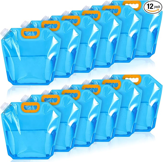 Tessco 12 Pack 1.3 Gallon Collapsible Water Storage Bag Water Container Bag Emergency Jug Foldable Plastic Storage Pouch Freezable Carrier Tank for Outdoor Sport Camping(Blue,Modern)