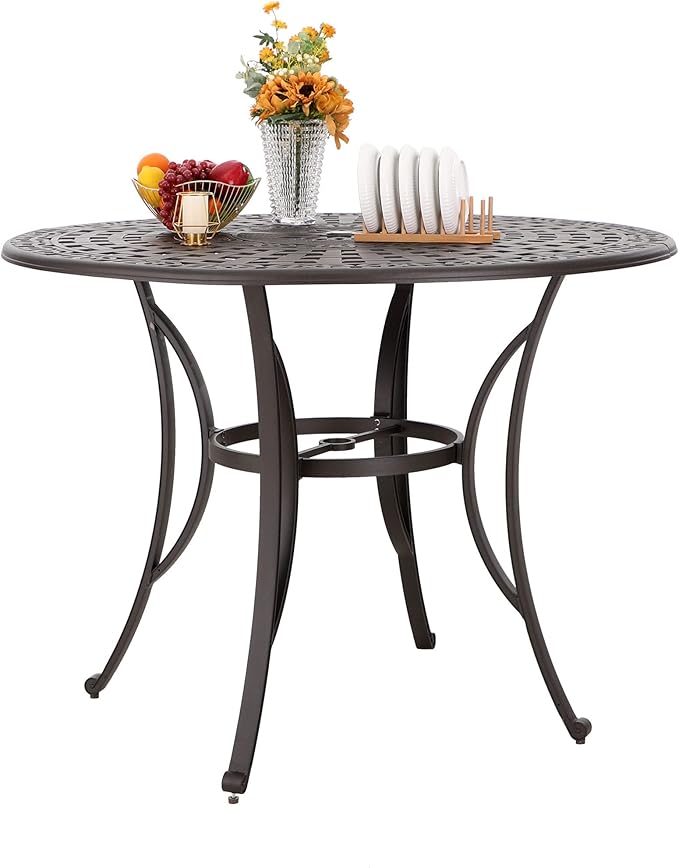 PHI VILLA Cast Aluminum Round High Bar Dining Tables for 6 Person, 54" Dia Engraved Cast-Top Aluminum Table with 2.1" Umbrella Hole, Patio Bar Height Table for Lawn Garden