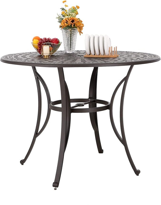 PHI VILLA Cast Aluminum Round High Bar Dining Tables for 6 Person, 54" Dia Engraved Cast-Top Aluminum Table with 2.1" Umbrella Hole, Patio Bar Height Table for Lawn Garden