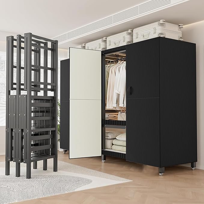 FPIGSHS Heavy Duty Clothes Rack with Magnetic Door 2000LBS Foldable Portable Wardrobe Closet for Hanging Clothing Rolling Garment Rack on Wheels for Bedroom Closet System (A（Black Door）, 41.3in)