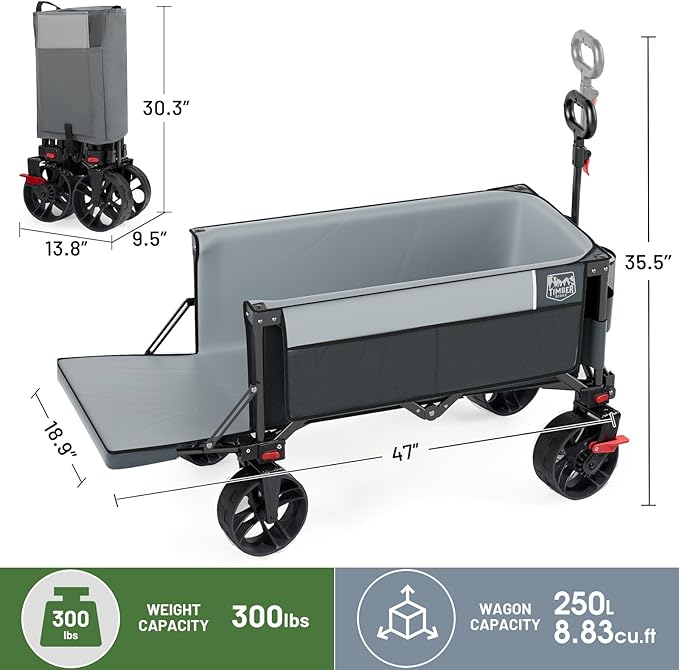Timber Ridge 47" L Collapsible Folding Wagon with Tailgate, 300lbs Heavy Duty Beach Wagon with All-Terrain Big Wheels, 250L Foldable Utility Cart for Sand Camping Sports Shopping, Grey