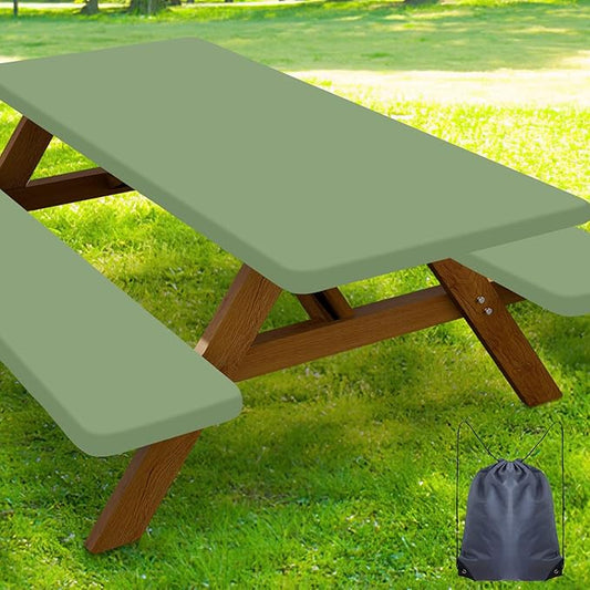 Smiry Picnic Table Cover with Bench Covers, Waterproof Elastic Fitted Polyester Tablecloths for 8 Ft Rectangle Tables, Washable Windproof Tablecloth for Camping, Outdoor (Sage Green, 30x96 Inches)