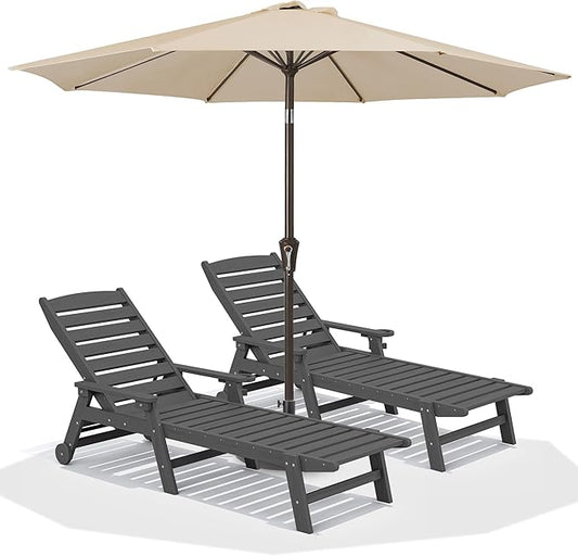 SERWALL Patio Chaise Lounge Chair Set of 2 with 9FT Patio Umbrella, 78'' HDPE Outdoor Lounger 5 Positions Adjustable, Poly Lounge Chair with Rolling Wheels & Cup Holder for Pool,Slate Gray
