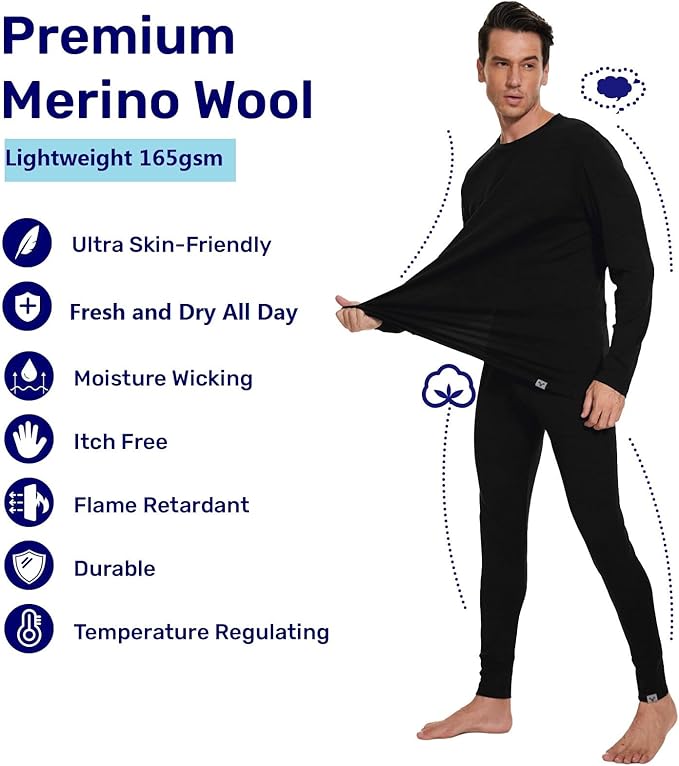 MERINNOVATION Merino Wool Base Layer Set for Men 100% Merino Wool Thermal Underwear Long Sleeve