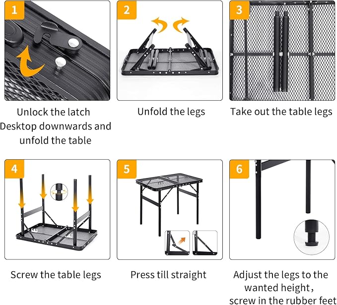 Grill Table Small Folding Table 2FT Foldable Camping Table Picnic Portable Mesh 2 Height Adjustable Outdoor Beach BBQ Black 23.6×15.7× 9.4/20.4inch