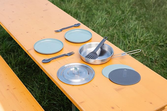 Stanley Wildfare Core 12-Piece Stainless Steel Fry Pan Cook Set | 1 qt Fry Pan with Fold & Lock Handle | Plates, Utensils, Spatula | Camping Essentials for Your Camp Kitchen | BPA-Free