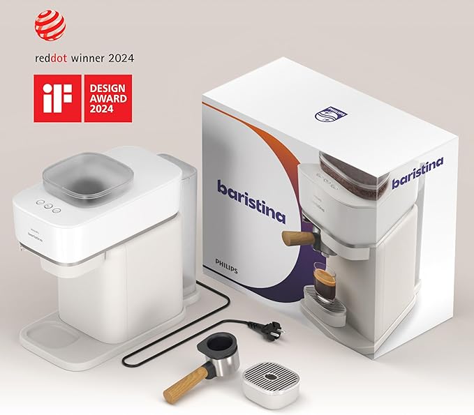 Philips Baristina Espresso Machine, Grind, Tamp & Brew Coffee Beans in One Swipe, Compact, 16 Bar Pump Pressure, Automatic Grinder, Natural White with Ash Wood Portafilter (BAR302/20)