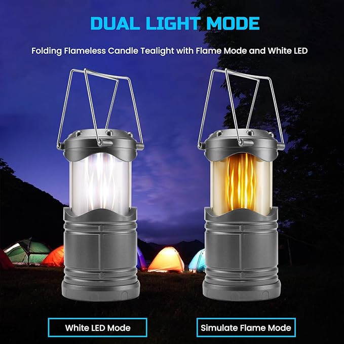 Lichamp 4 Pack LED Camping Lanterns, Collapsible Flameless Candles Tea Lights, Portable Battery Powered Camping Lights Emergency Supplies Kit, Dark Gray