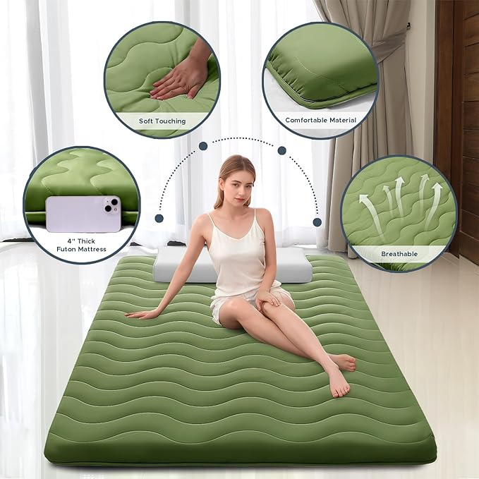 Japanese Floor Mattress, 100% High Density Comfortable Foam, 4" Thicken Foldable Mattress Tatami Mat Sleeping Pad, Ideal for Comfort and Support, Kids Floor Lounger Pillow Bed Sofa, Green, Full
