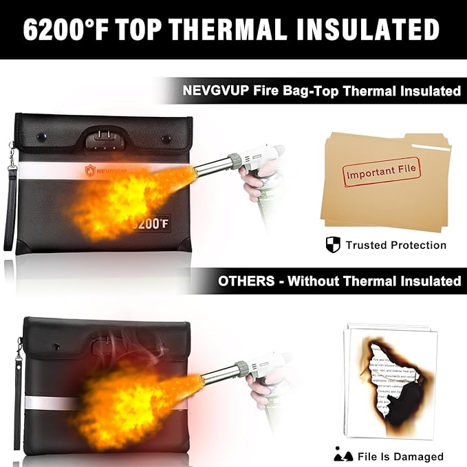 6200°F Upgraded Fireproof Document Bag with Lock, Fireproof Money Bag for Cash with Zipper/Reflective Strip, 9 Layer of Heat Insulated Material, Water Resistant Fire proof Bags for Documents,Fire Bags