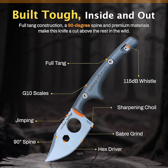 Contour Feather Survival and Culinary Knives – VG10 Steel Fixed Blade with Fire Starter, Hex Driver, Knife Sharpener, Sheath & Built in Whistle - Built For Camping & Outdoor Adventure