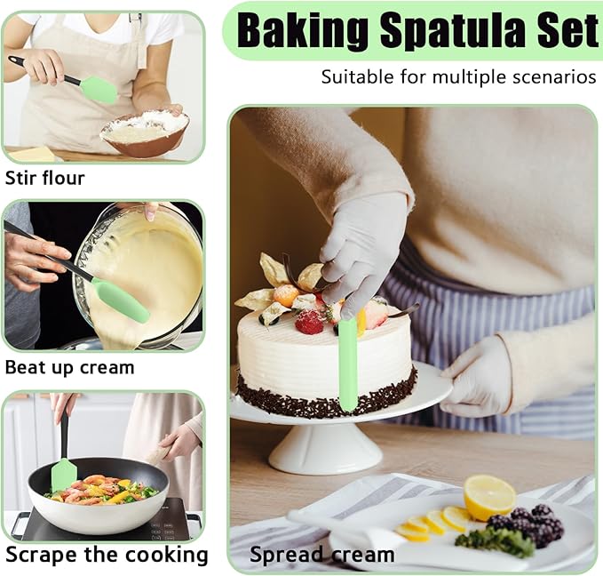 Oven Mitts with Heat-Resistant Hot Pads and Five Silicone Spatulas Designed for Kitchen Baking Cooking, Oven Glove Soft Cotton Lining, Waterproof, BPA-Free (Fluorescent Green, 12.6)