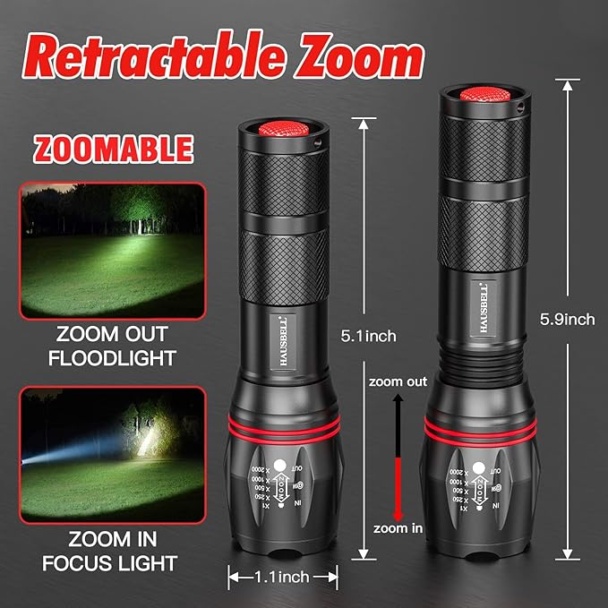 HAUSBELL LED A100 Flashlight Bright, Zoomable Tactical Flashlights Flash Light with High Lumens and Five Modes for Emergency and Outdoor Use Camping Accessories, 4 Pack