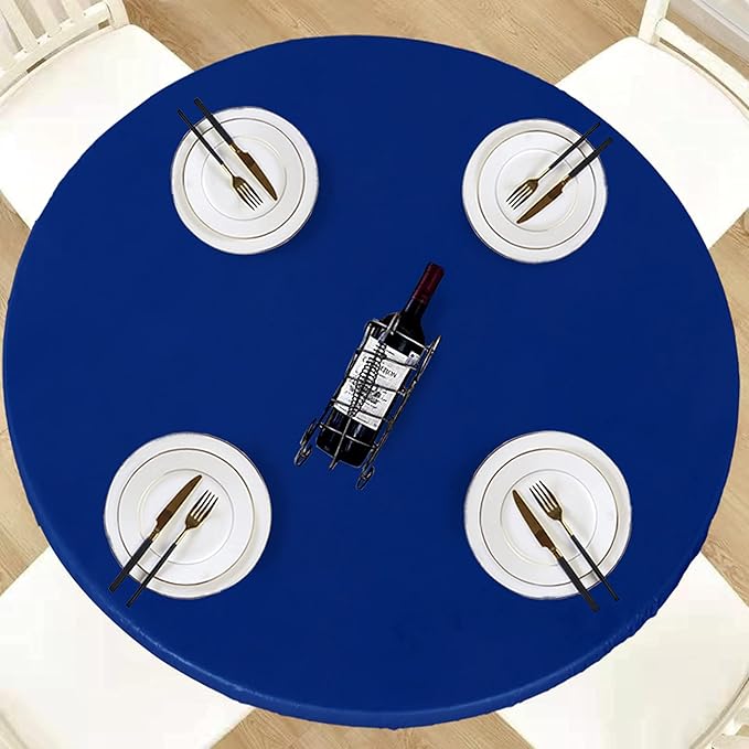 LUSHVIDA Round Waterproof Table Cover Elastic Vinyl Fitted Tablecloth Elastic Edged Plastic Table Cloth (Blue, Best for Up to 36"-44" Round)