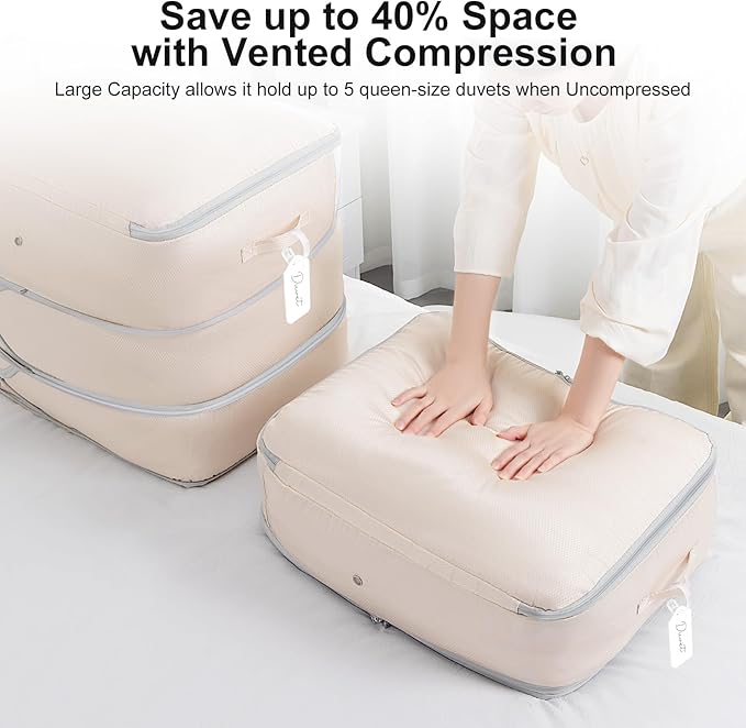 Comforter Storage Bag - Large Capacity Blanket Storage Bags 3-Layer Ultra Space Saving Self Compression Organizer, Washable Compression Bags for Storage Comforter Blanket, 1-Pack, Beige