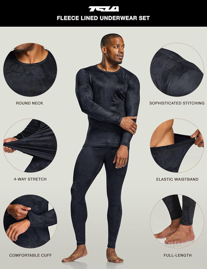 TSLA Men's Thermal Underwear Set, Microfiber Soft Fleece Lined Long Johns, Winter Warm Base Layer Top & Bottom