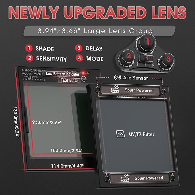 YESWELDER Large Viewing Size 3.93"X3.66" True Color Solar Power Auto Darkening Welding Helmet, 4 Arc Sensor Wide Shade 4~5/9-9/13 for TIG MIG Arc Weld Grinding Welder Mask LYG-M800H-VK