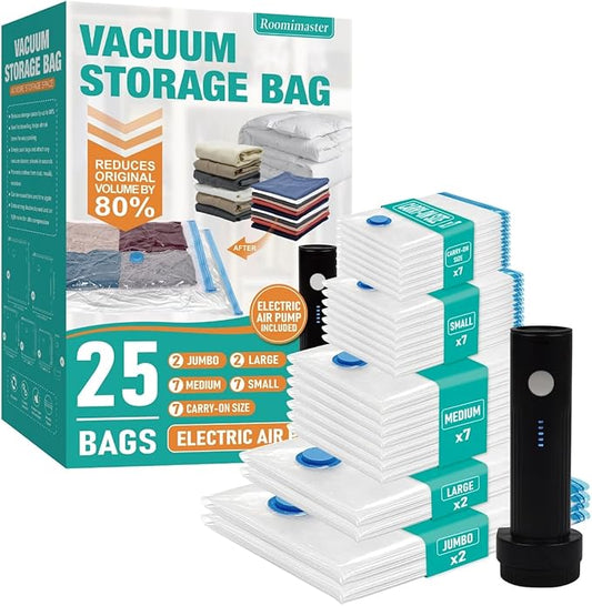 Vacuum Storage Bags with Electric Pump, 25 Pack Space Saver Bags Vacuum Seal Bags with Pump, Vacuum Sealer Bags for Clothes, Comforters, Blankets, Bedding