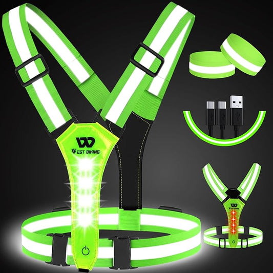 West Biking Running Vest Light - Led Running Reflective Gear for Walking at Night, High Visibility Night Rechargeable Light Up Running Vest, Adjustable Running Lights for Runners