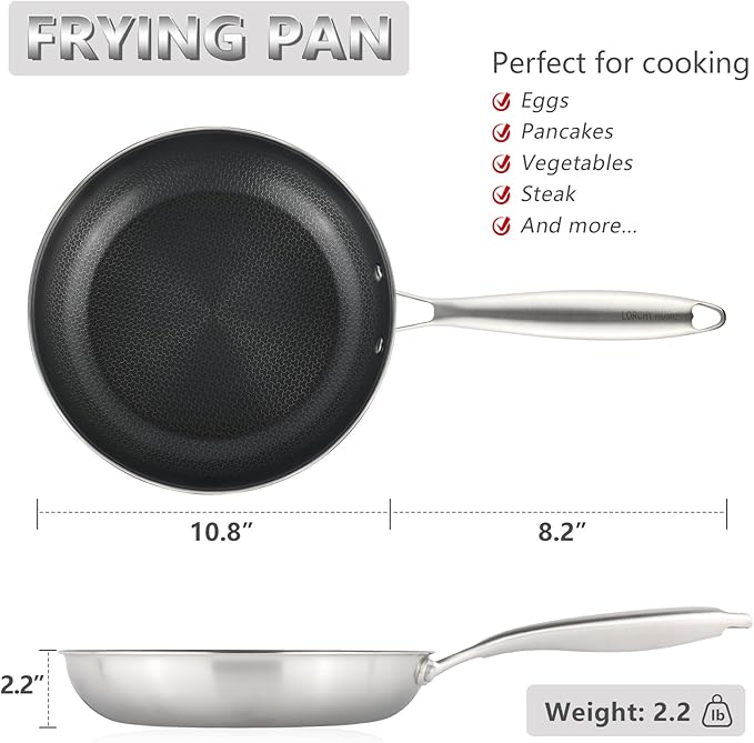 Stainless Steel Nonstick Frying Pan, Hybrid Ceramic 10-Inch Frying Pan, Stay-Cool Handle, PFAS & PFOA PTFE Free, Dishwasher & Oven Safe, Scratch-Resistant, Compatible with Induction & All Cooktops