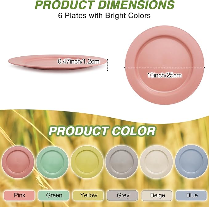 shopwithgreen 10 Inch Wheat Straw Dinner Plates, 6 Pack Unbreakable Sturdy Plastic Reusable Plates, Microwave and Dishwasher Safe Plates Set, Non-Toxic, BPA Free