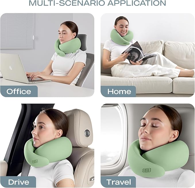 Skechers Memory Foam Travel Pillow,Comfortable & Breathable Airplane Travel Essential, Neck Pillow for Travel, Car Rides, Home, and Office Use, Ergonomic Design for Men and Women,Green