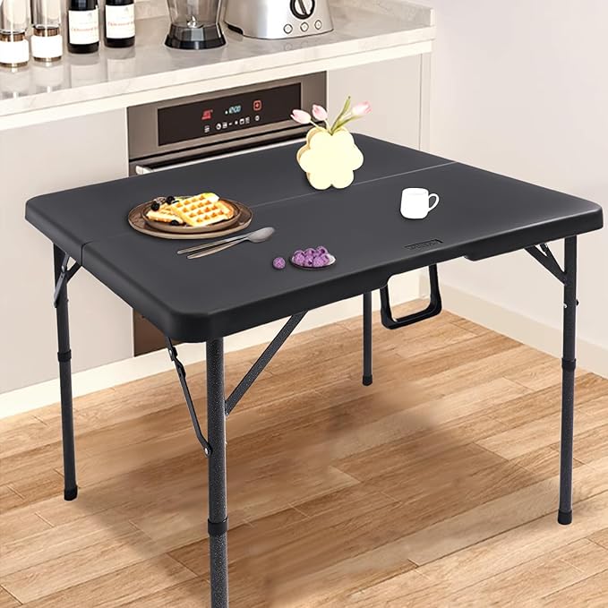 34" Square Folding Card Table, Fold-in-Half Utility Dining Portable Table Heavy Duty HDPE Plastic Foldable with Carrying Handle Indoor Outdoor for Picnic, Camping, Party, Black