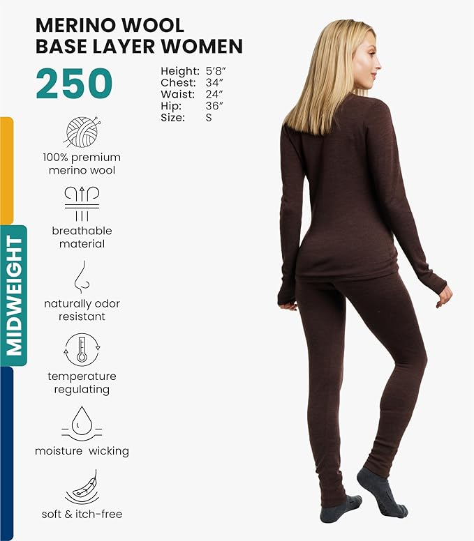 Merino.tech Merino Wool Base Layer Women Set - Heavyweight, Lite, Midweight Merino Thermal Underwear For Women Top, Bottom