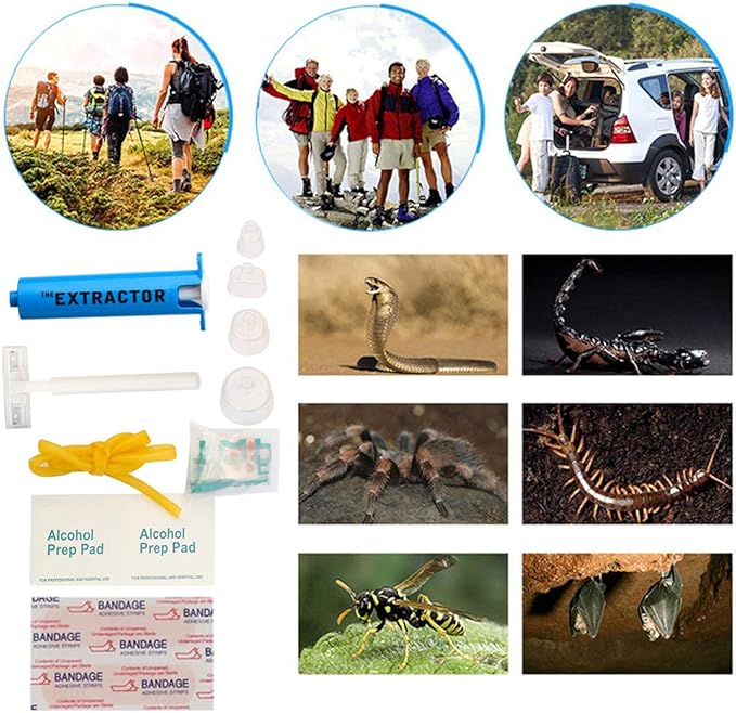 Snake Bite Kit, Bee Sting Kit, Emergency First Aid Supplies, Venom Extractor Suction Pump, Bite and Sting First Aid for Hiking, Backpacking and Camping. Includes Bonus CPR face Shield (Blue)
