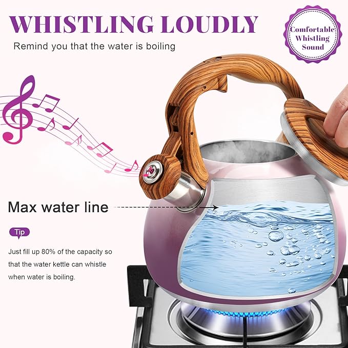 GGC Tea Kettle for Stove Top, 3.1QT/3L Whistling Tea Kettles for Boiling Water Coffee or Milk, Purple Tea Pot with Wood Parttern Handle, Stainless Steel Tea Pot for Home and Kitchen