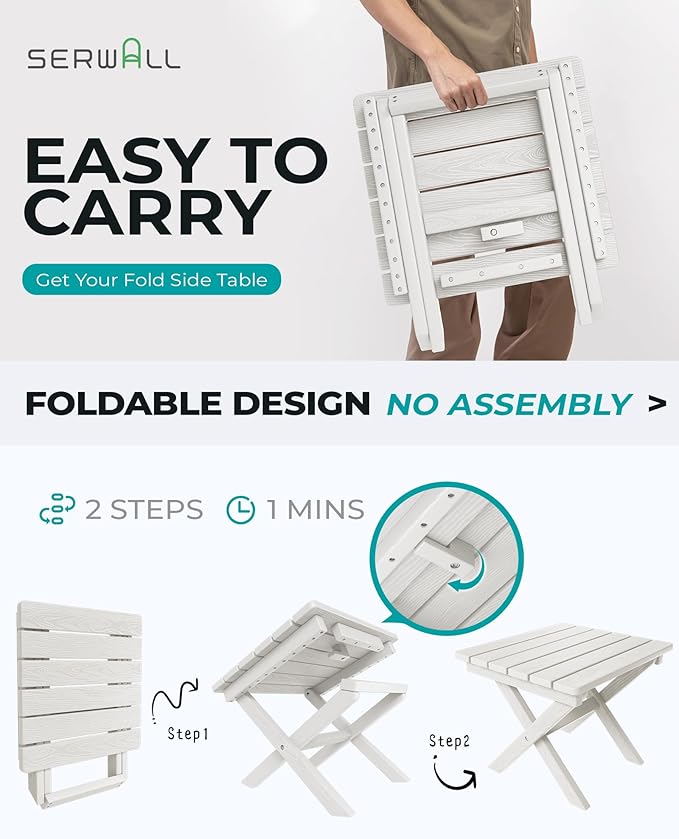 SERWALL Portable Folding Adirondack Side Table, HDPE Small Outdoor End Table, No Assembly Required, Weather-Resistant, 110 lbs Capacity, White