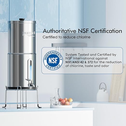 Purewell 2.25G Gravity Water Filter System with Water Level Window, 8-Stage 0.01μm Ultra-Filtration Stainless Steel Countertop System with 4 Filters and Stand, Reduce Fluoride and Chlorine, PW-KS-CF