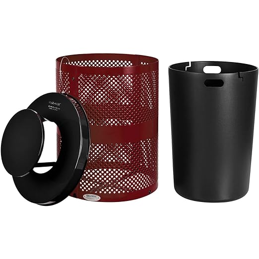 Global Industrial 32 Gallon Outdoor Perforated Steel Round Trash Can with Rain Bonnet Lid, Plastic Liner and Anchor Kit Included, 23-1/2" Diameter x 40-1/2"H, Red