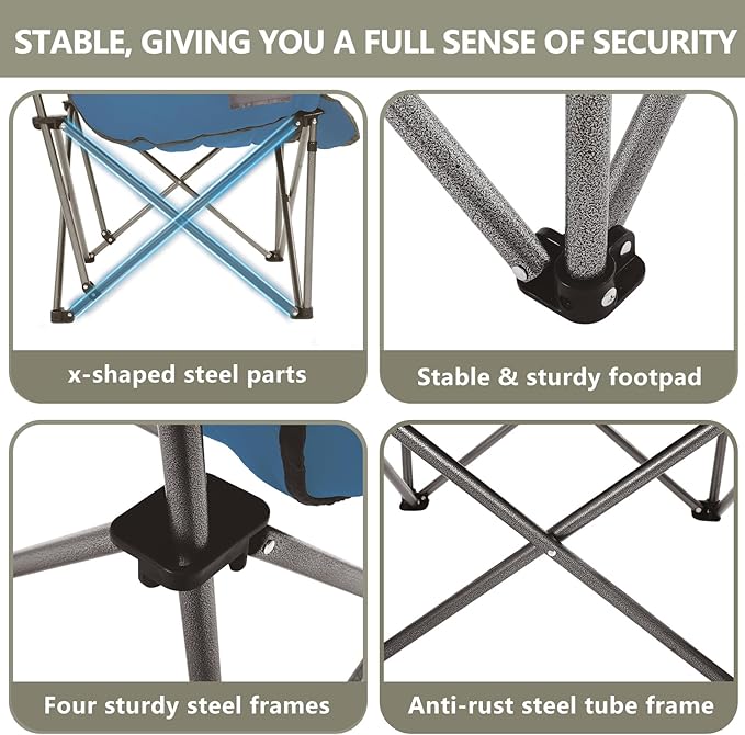 Oversized XL Padded Camping Chair Set of 2 Wide Heavy Duty Lawn Chairs Support 450 LBS Portable Folding Gaint Plus Camp Chair for Outdoor Outside Sports Baseball Soccer-Blue