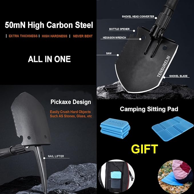 TENSURELING Survival Shovel, Folding Camping Shovel, High Carbon Steel Military Tactical Trench Spade with Pickaxe, Multitool Entrenching Tool for Off Road, Gardening, Metal-Detecting, Digging