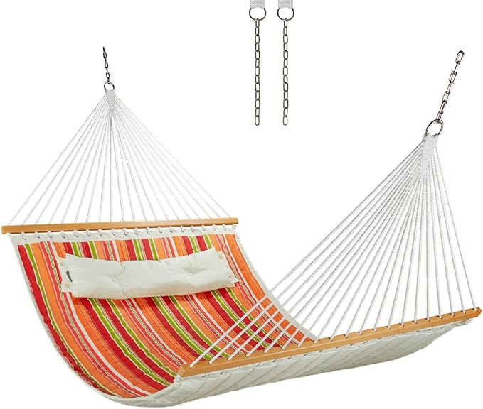 12 FT Double Quilted Fabric Hammock with Spreader Bars and Pillow 450 LBS Weight Capacity 2 Person Hammock for Outdoor Patio Backyard Poolside