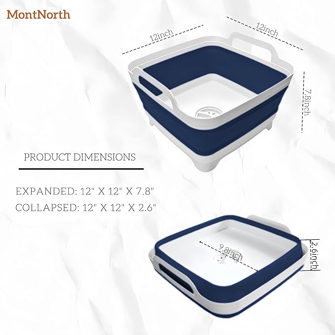 Collapsible Wash Basin 9L, Foldable Dish Tub with Drain Plug, Portable Collapsible Dish Basin, Camping Sink for Washing Dishes, Laundry & Kitchen Use (Navy Blue)